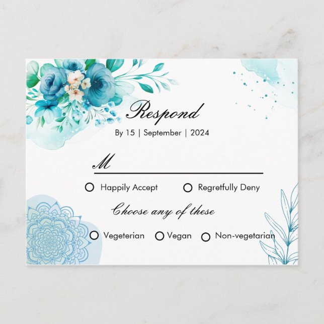 Tarjeta de invitación RSPV floral azul para boda (Anverso)
