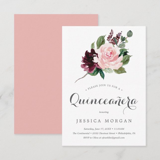Tarjeta de invitación Rubor Burgundy Quinceanera (Anverso / Reverso)