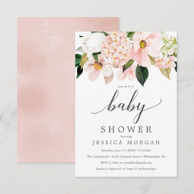 Tarjeta de invitación Rubor Hydrangea Baby Shower (Anverso / Reverso)