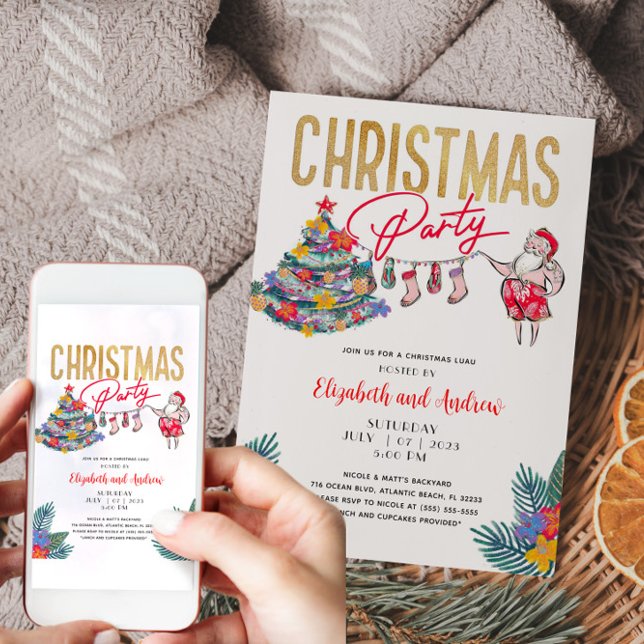 Tarjeta de invitación Santa para Navidades tropica (Tropical Christmas Party Invitation)