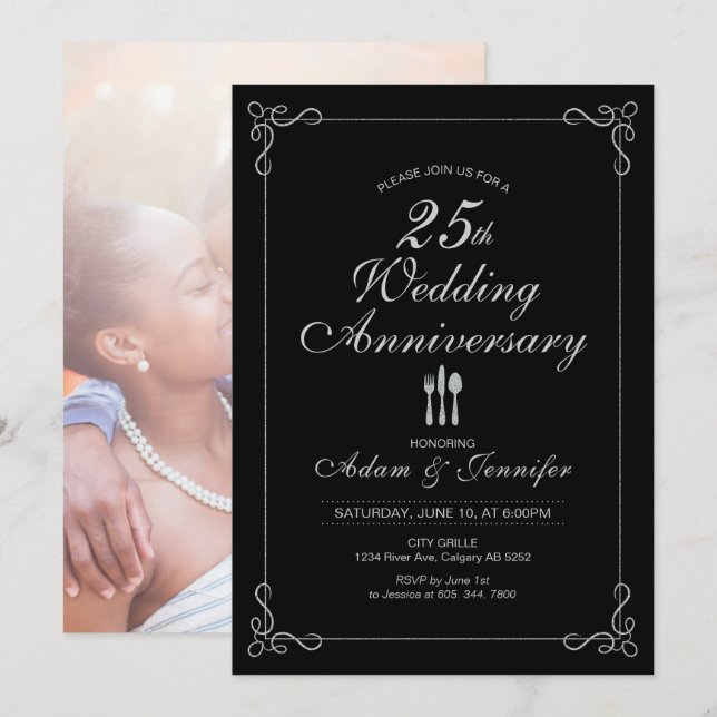 Tarjeta de invitación Silver 25th Aniversario Boda (Anverso / Reverso)