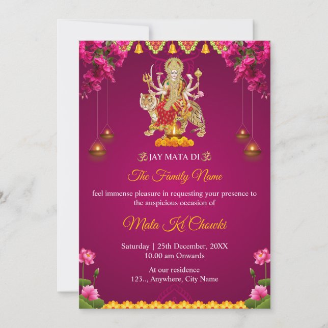 Tarjeta de invitación tradicional Mata Ki Chowki (Anverso)
