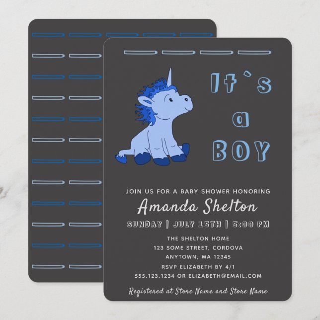 Tarjeta de invitación unicornio Blue Baby Boy Show (Anverso / Reverso)