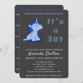 Tarjeta de invitación unicornio Blue Baby Boy Show