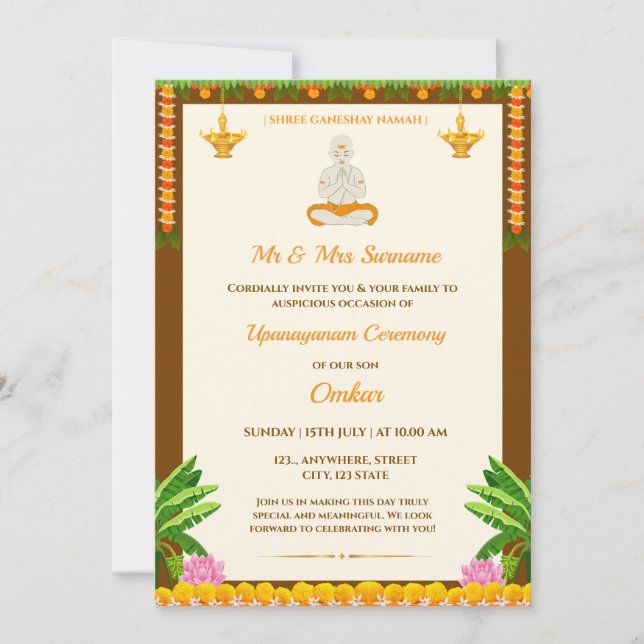 Tarjeta de invitación Upanayanm, ceremonia de hilo (Anverso)