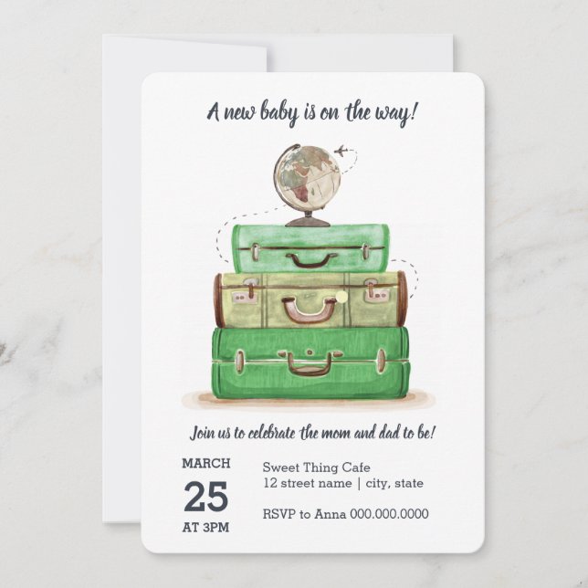 Tarjeta de invitación verde Baby Shower de viaje (Anverso)