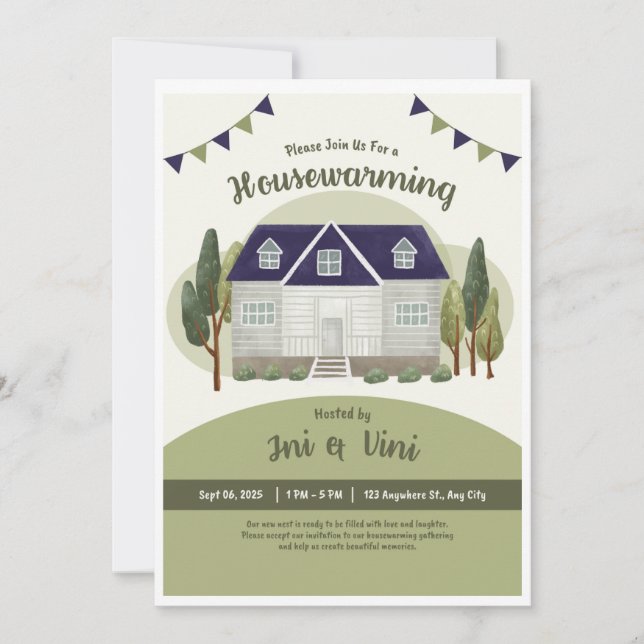 Tarjeta de invitación verde oliva moderna, nuevo F (Anverso)