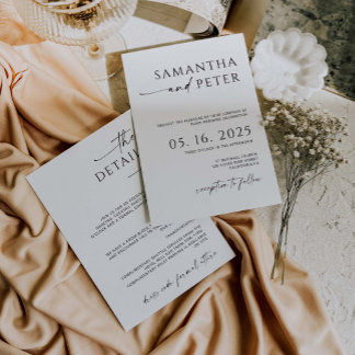 Tarjeta de invitación y detalles de boda minimalis