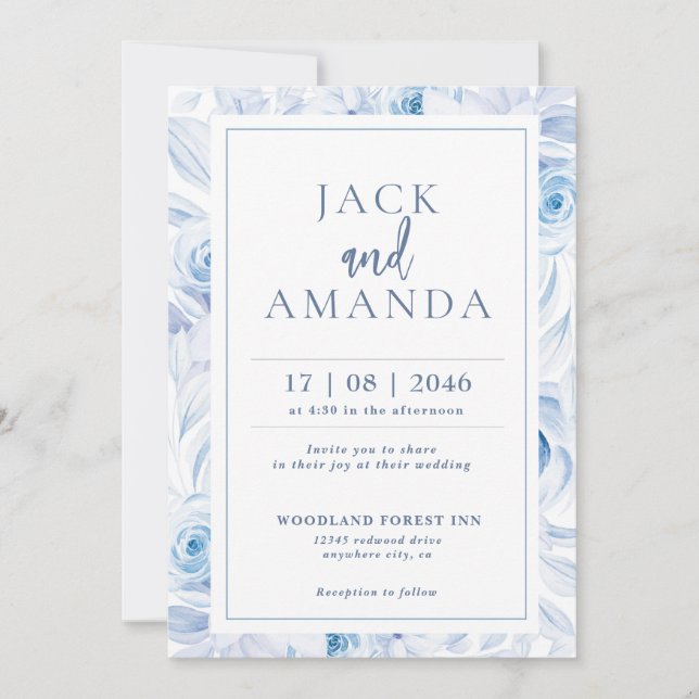 Tarjeta de invitaciones a boda floral de Moda romá (Anverso)