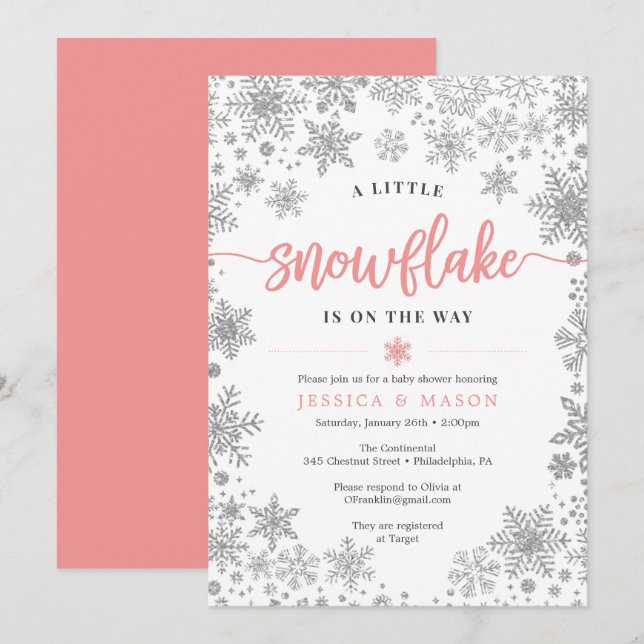 Tarjeta de invitaciones Baby Shower de copo de nie (Anverso / Reverso)