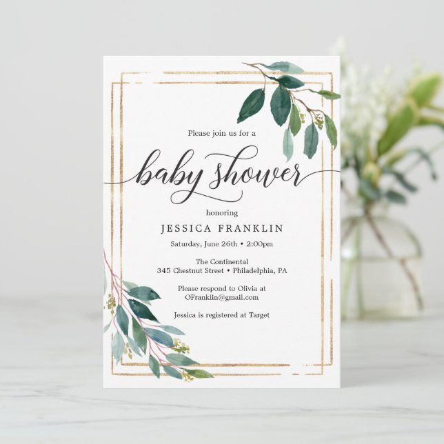 Tarjeta de invitaciones de Baby Shower de Greenery (Anverso de pie)