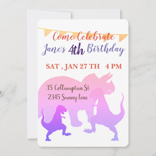 Tarjeta de invitaciones de cumpleaños para los din (Anverso)