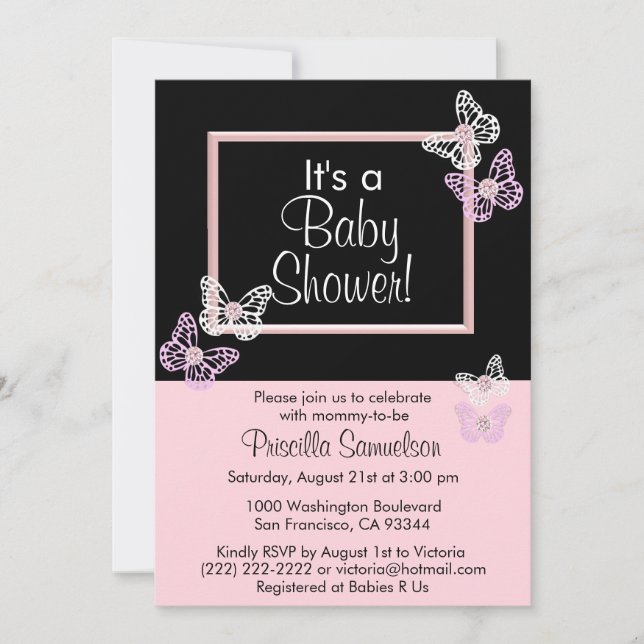 Tarjeta de invitaciones para bebés con mariposa ro (Anverso)