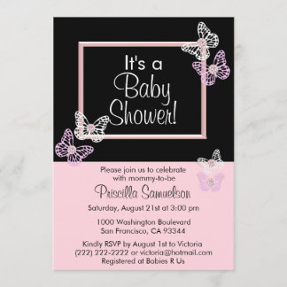 Tarjeta de invitaciones para bebés con mariposa ro