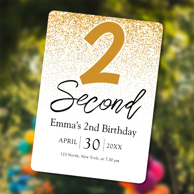 tarjeta de invitaciones para el segundo cumpleaños (golden glitter baby 2nd birthday invitations card)
