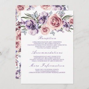 Tarjeta de invitado con información de Boda morado