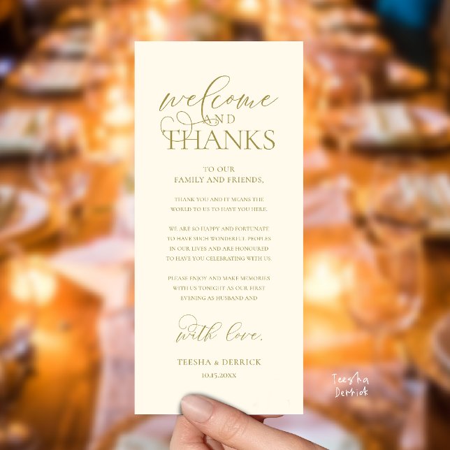Tarjeta de invitado de recepción elegante "Bienven ("Welcome and Thanks" Classy Wedding Romantic Reception Guest Card in yellow gold)