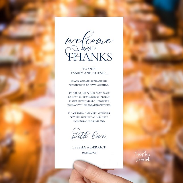 Tarjeta de invitado de recepción elegante "Bienven ("Welcome and Thanks" Classy Wedding Romantic Reception Guest Card in navy blue)