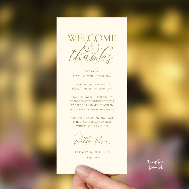Tarjeta de invitado de recepción elegante "Bienven ("Welcome and Thanks" Elegant Wedding Reception Guest Thank you Card in Yellow Gold)