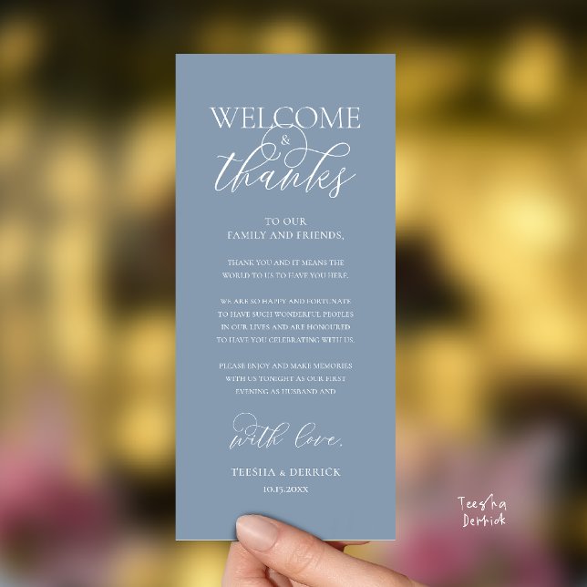 Tarjeta de invitado de recepción elegante "Bienven ("Welcome and Thanks" Elegant Wedding Reception Guest Thank you Card in Dusty Blue)