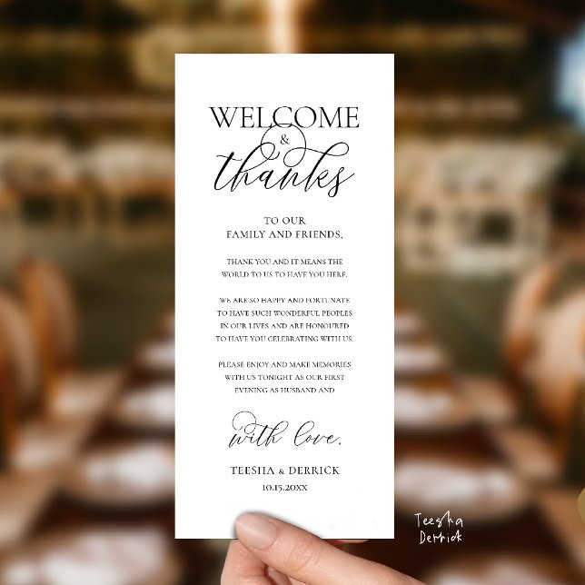 Tarjeta de invitado de recepción elegante "Bienven ("Welcome and Thanks" Elegant Wedding Reception Guest Thank you Card in Black and white)