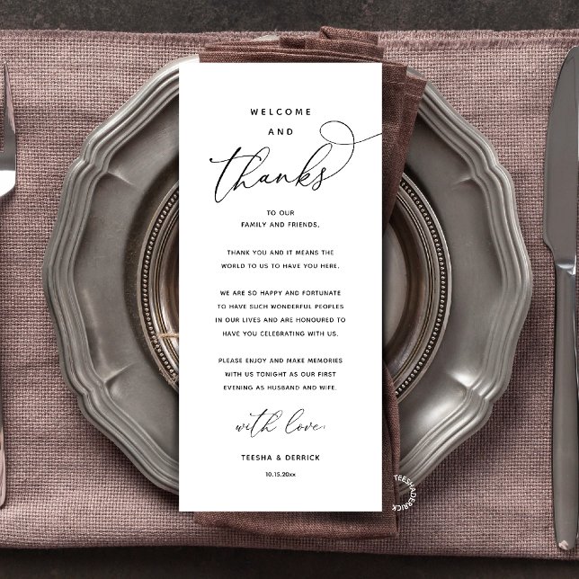 Tarjeta de invitado de recepción elegante "Bienven (Elegant Modern Wedding Reception "Welcome and Thanks" Table Card for Guest in Black White)