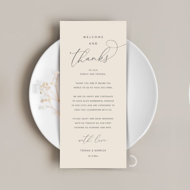 Tarjeta de invitado de recepción elegante "Bienven (Modern Elegant Wedding Reception "Welcome and Thanks" Table Card for Guest in Cream Grey)