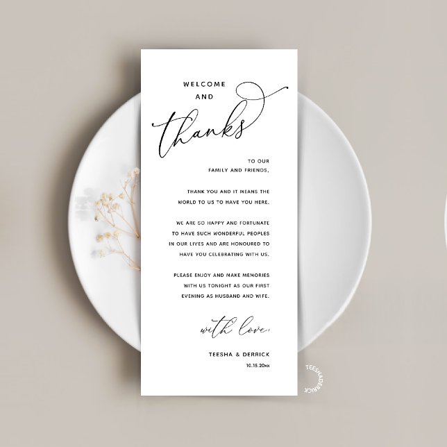 Tarjeta de invitado 'Recepción elegante "Bienvenid (Elegant Wedding Reception "Welcome and Thanks" Table Card for Guest in Black White)