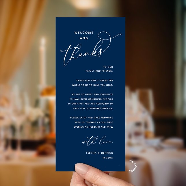 Tarjeta de invitado 'Recepción elegante "Bienvenid (Modern Elegant Wedding Reception "Welcome and Thanks" Table Card for Guest in Navy Blue)