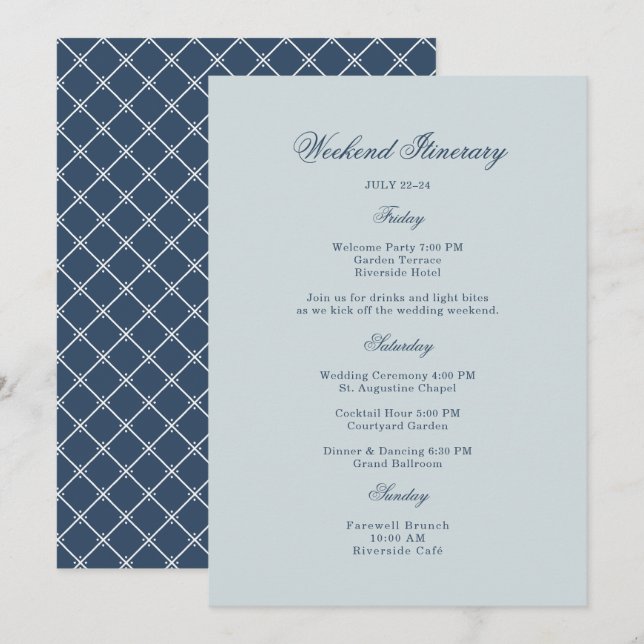 Tarjeta de Itinerario Clásico de Boda Costera en A (Anverso / Reverso)
