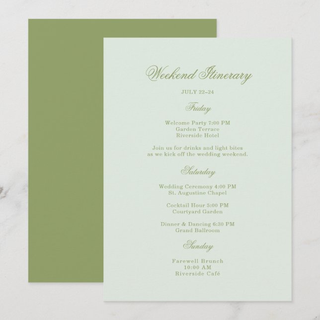 Tarjeta de Itinerario de Boda de Finca Moss Green (Anverso / Reverso)