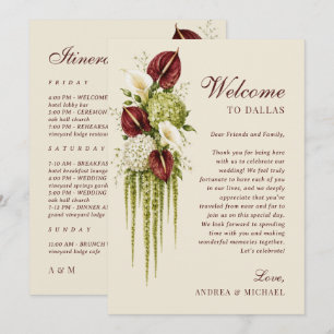 Tarjeta de Itinerario de Boda Floral Burgundy & Sa
