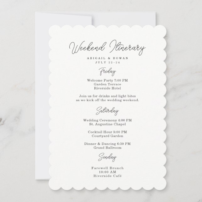 Tarjeta de itinerario de fin de semana de boda con (Anverso)