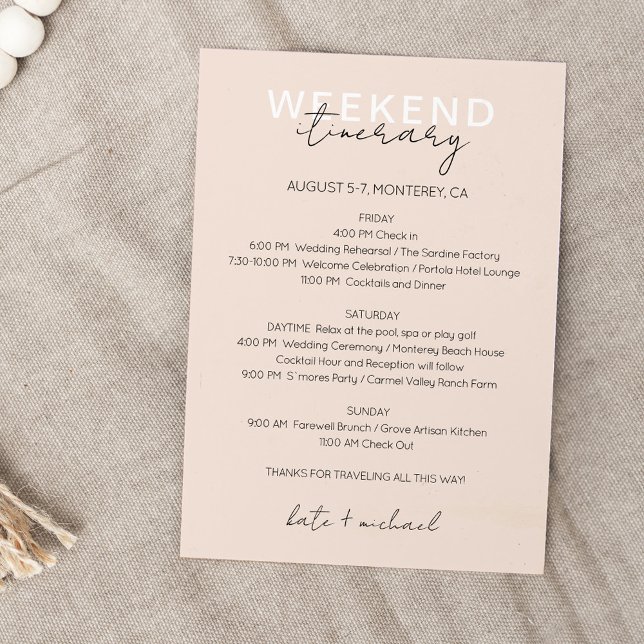 Tarjeta de itinerario de fin de semana de boda ros (Subido por el creador)