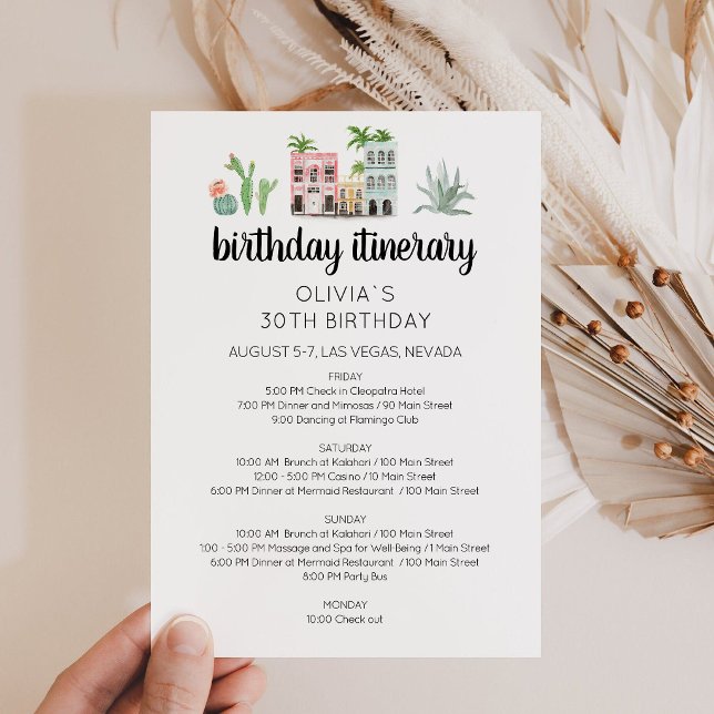 Tarjeta de itinerario de fin de semana de cumpleañ (Fiesta Birthday Weekend Itinerary Card)