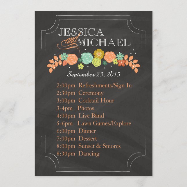 Tarjeta de itinerario de programa de boda floral d (Anverso)