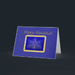 Tarjeta de Jánuca Menorah<br><div class="desc">Menorah y estrella de David en marco del oro en fondo azul.</div>