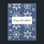Tarjeta de Jánuca Starflake<br><div class="desc">Este diseño muestra un modelo hecho de los copos de nieve en la forma de las estrellas de David. Los más grandes incluyen los adornos de Jánuca como dreidels, las lámparas de Jánuca, y las velas. Los diseños del copo de nieve integran los adornos de Jánuca en formas seis-acentuadas del...</div>