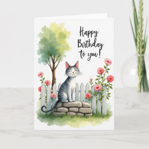 Tarjeta de jardín de gato de cumpleaños feliz