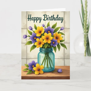 Tarjeta de jarrón de flores de cumpleaños vibrante