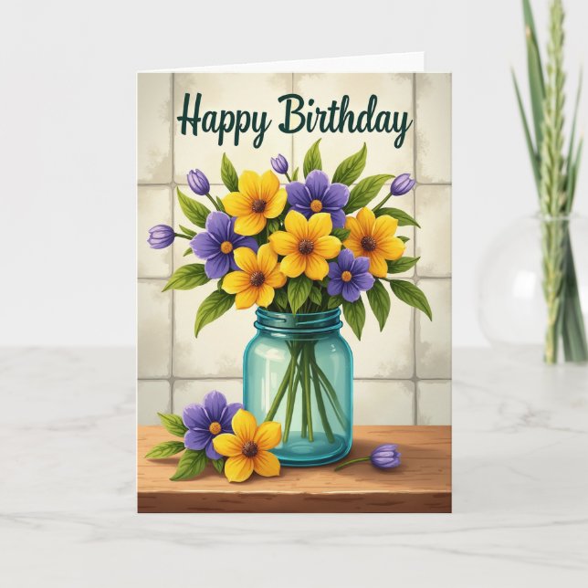 Tarjeta de jarrón de flores de cumpleaños vibrante (Anverso)