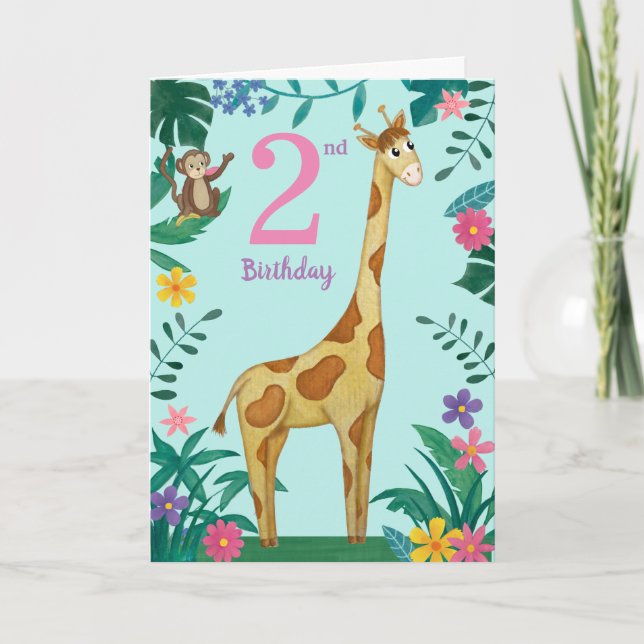 Tarjeta de jirafa para segundo cumpleaños de niña (Anverso)
