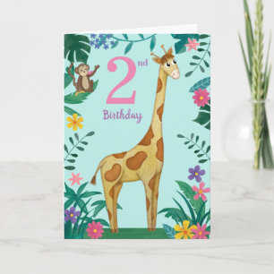 Tarjeta de jirafa para segundo cumpleaños de niña