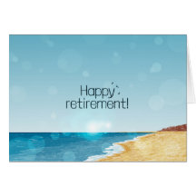 Tarjeta de jubilación con playa, mar y cielo azul