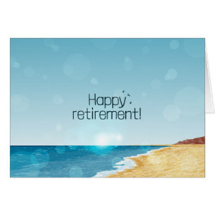 Tarjeta de jubilación con playa, mar y cielo azul