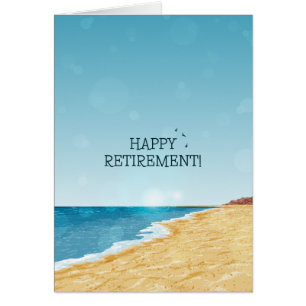 Tarjeta de jubilación feliz con playa, mar y cielo