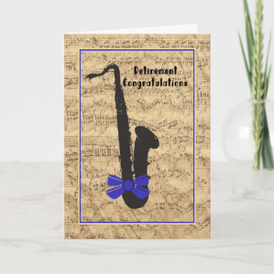 Tarjeta de jubilación para notas y saxofón de músi