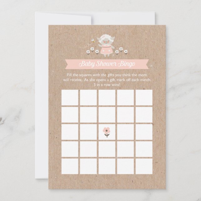 Tarjeta de juego Baby Shower Bingo Chica Lamb (Anverso)