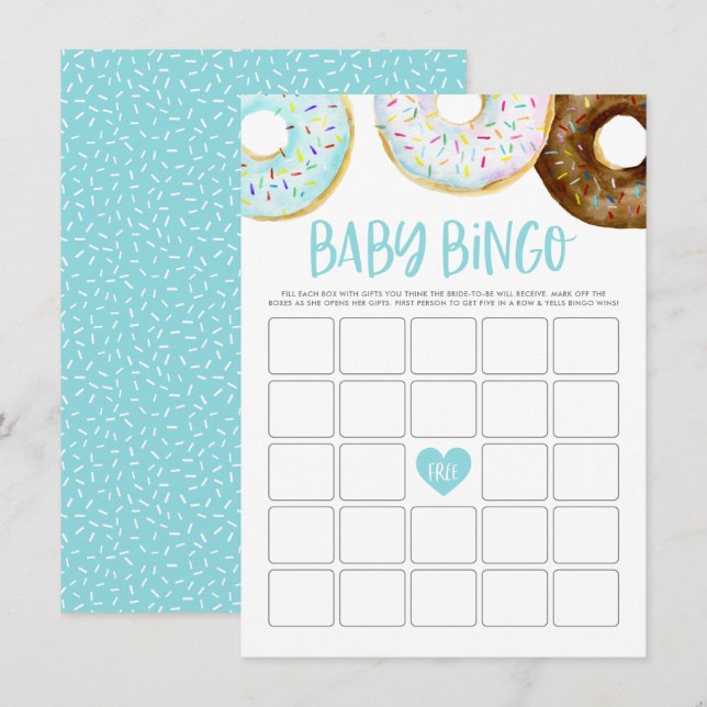 Tarjeta de juego Baby Shower Bingo Donuts azul y b (Anverso / Reverso)