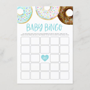 Tarjeta de juego Baby Shower Bingo Donuts azul y b